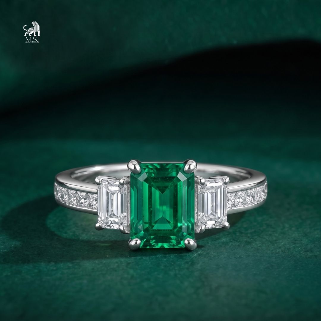 Emerald-Cut Green Gemstone Three-Stone Diamond Ring