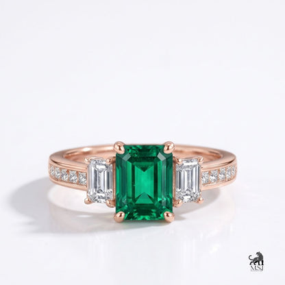 Emerald-Cut Green Gemstone Three-Stone Diamond Ring