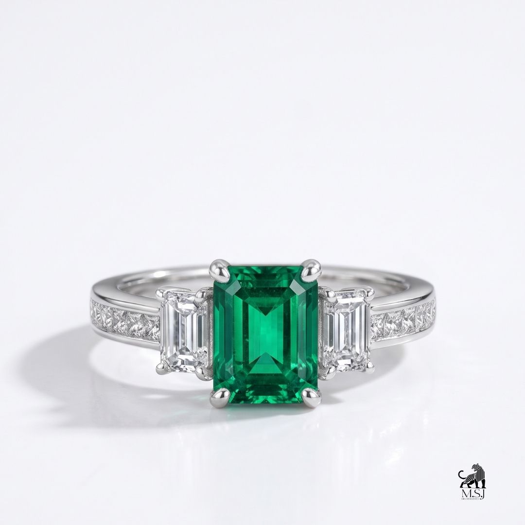 Emerald-Cut Green Gemstone Three-Stone Diamond Ring