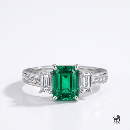 Emerald-Cut Green Gemstone Three-Stone Diamond Ring