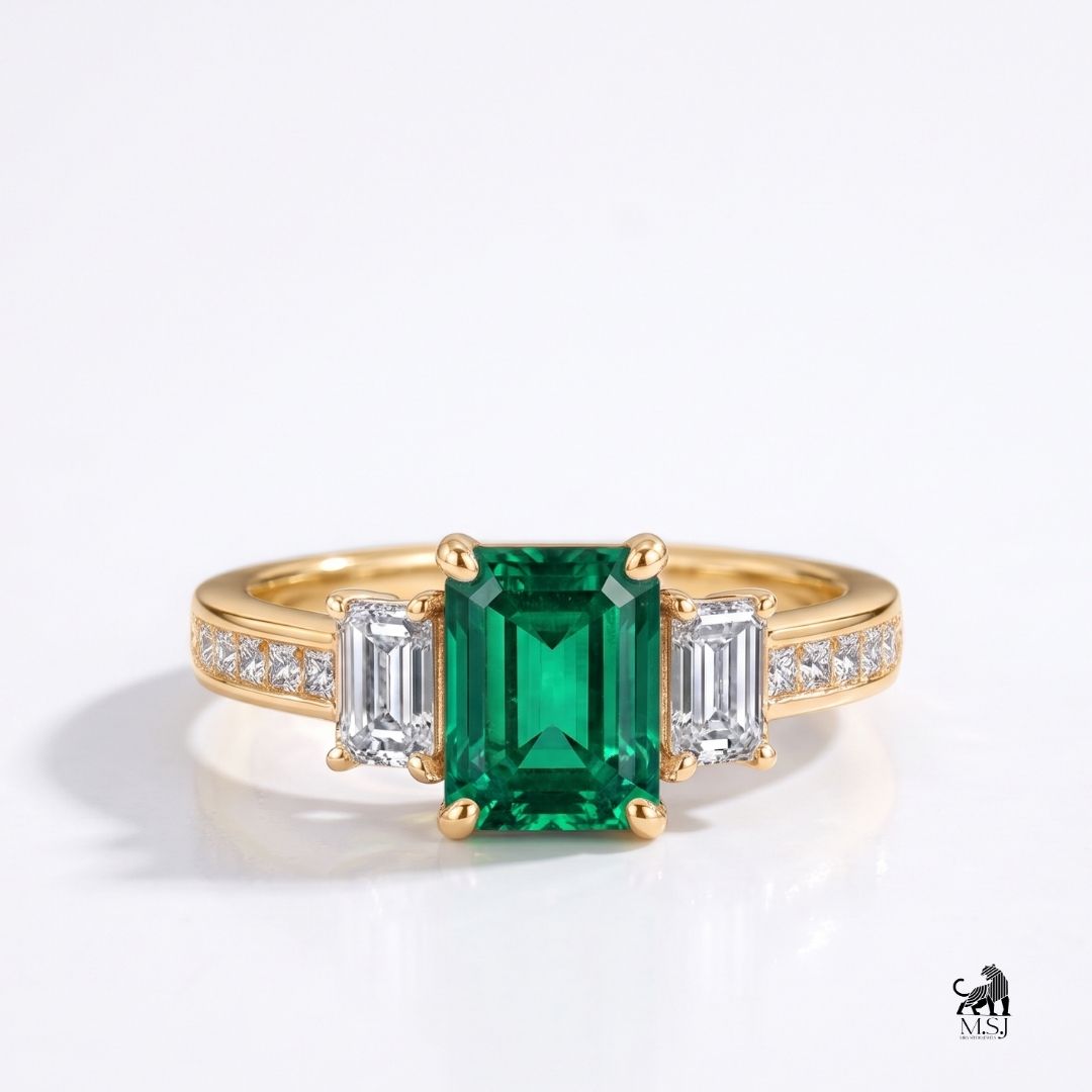 Emerald-Cut Green Gemstone Three-Stone Diamond Ring