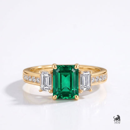 Emerald-Cut Green Gemstone Three-Stone Diamond Ring