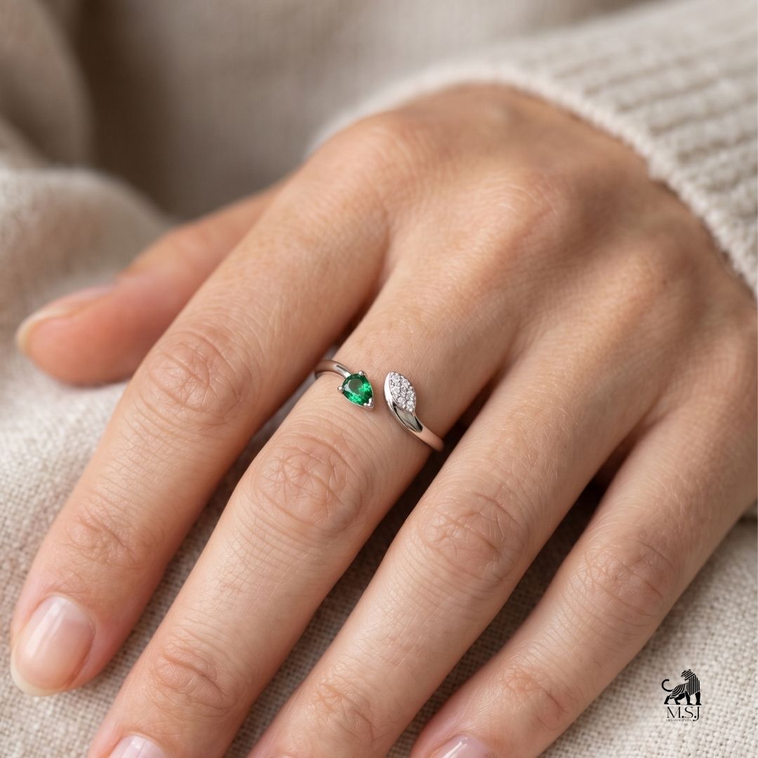 Emerald Pear-Cut Gemstone and Diamond Bypass Ring