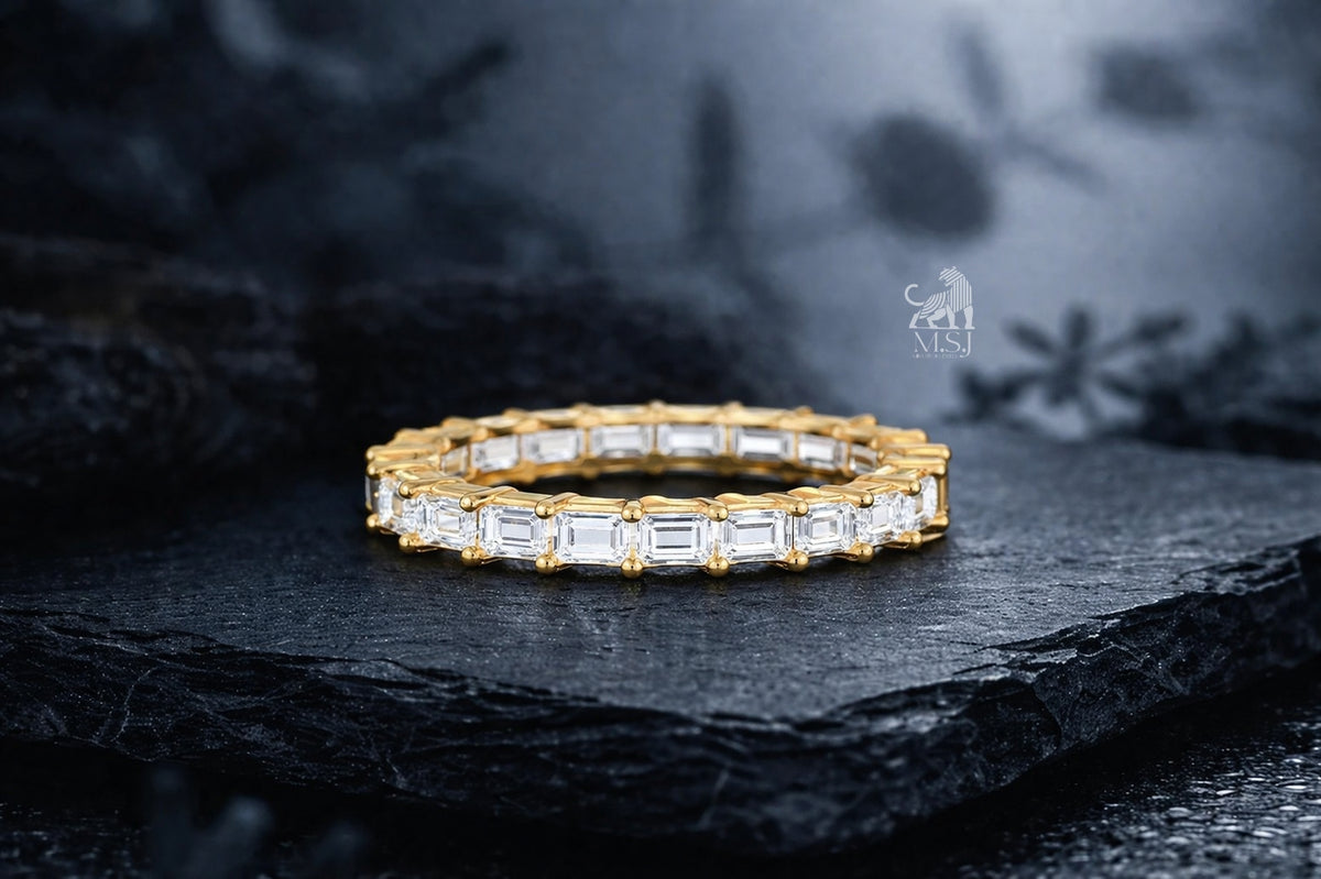 Emerald Cut Diamond Eternity Band - lab-grown diamond ring, styled product photo