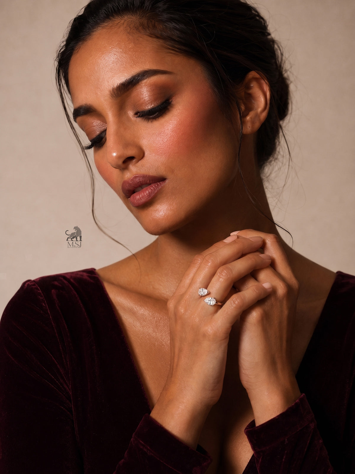 Twin Petal Pear Diamond Open Ring worn on a hand