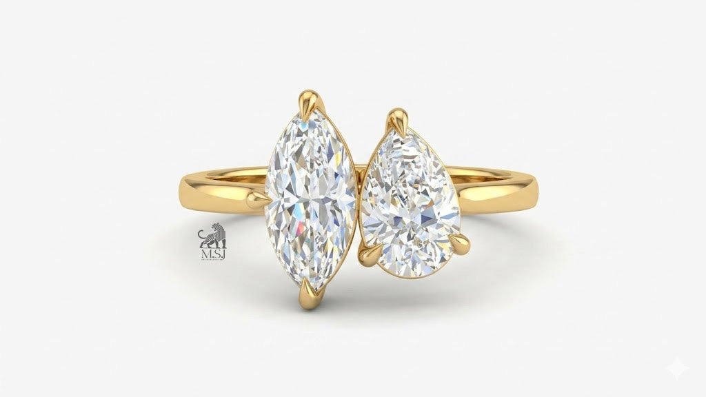 Marquise and Pear Diamond Toi et Moi Ring in yellow gold