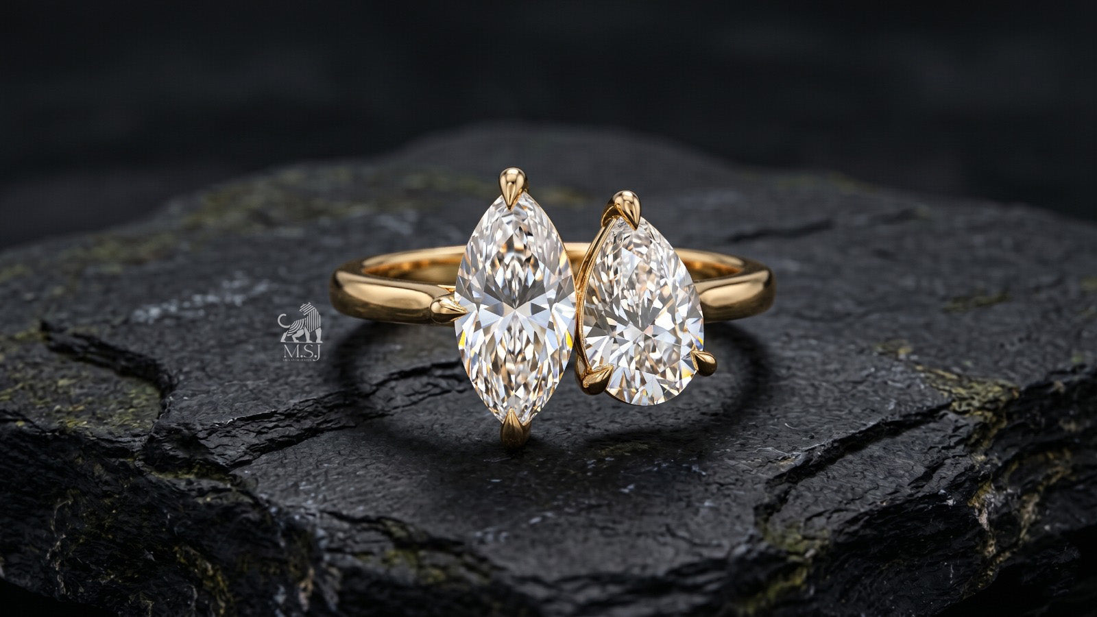Marquise and Pear Diamond Toi et Moi Ring - lab-grown diamond ring, styled product photo