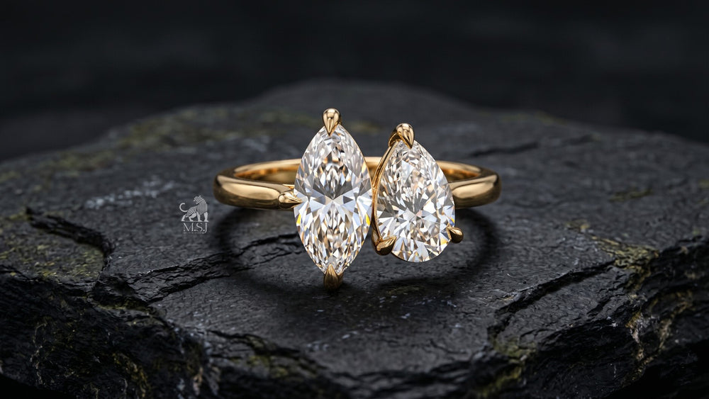 Marquise and Pear Diamond Toi et Moi Ring - lab-grown diamond ring, styled product photo