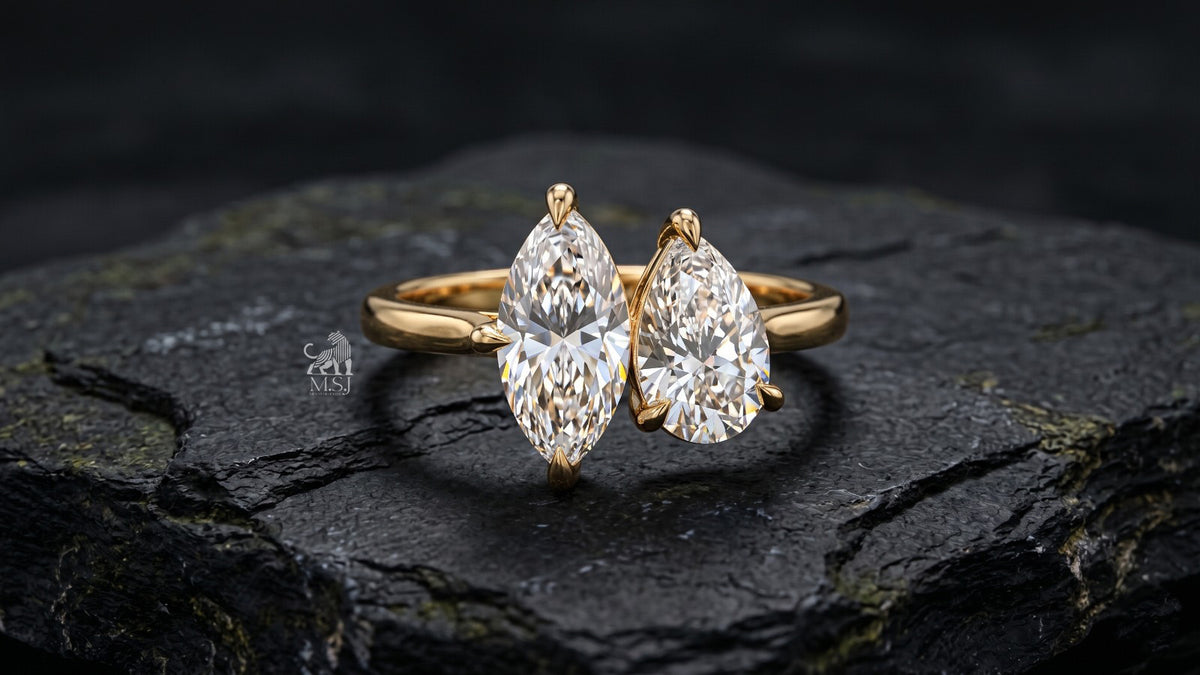 Marquise and Pear Diamond Toi et Moi Ring - lab-grown diamond ring, styled product photo
