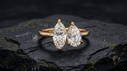 Marquise and Pear Diamond Toi et Moi Ring - lab-grown diamond ring, styled product photo