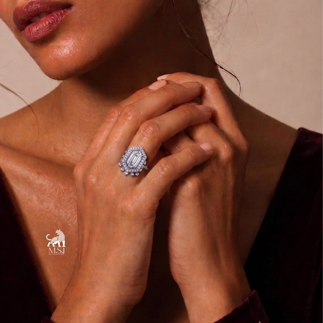 Hexagonal Halo Statement Lab-Grown Diamond Ring