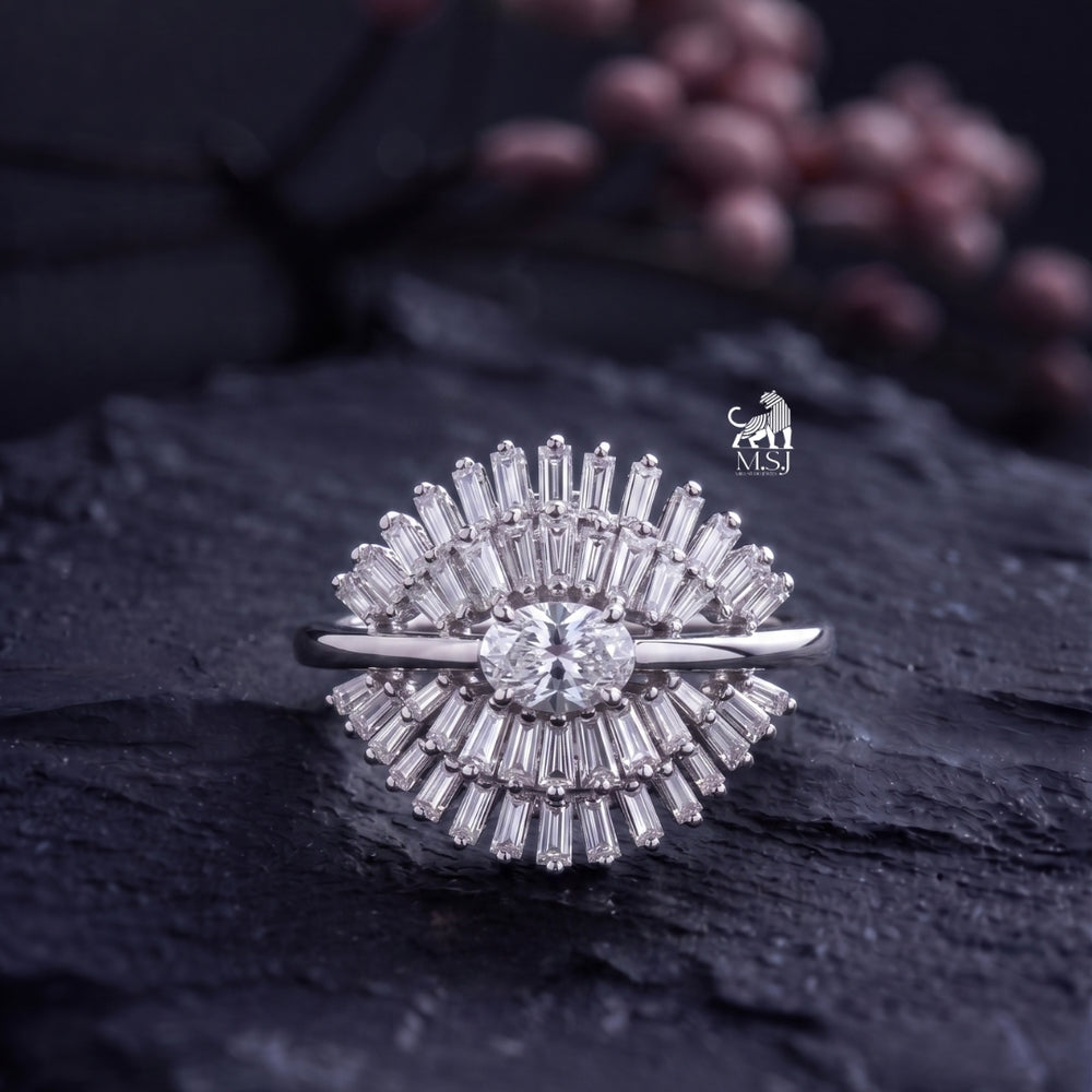 Oval Lab-Grown Diamond with Tapered Baguette Fan Ring