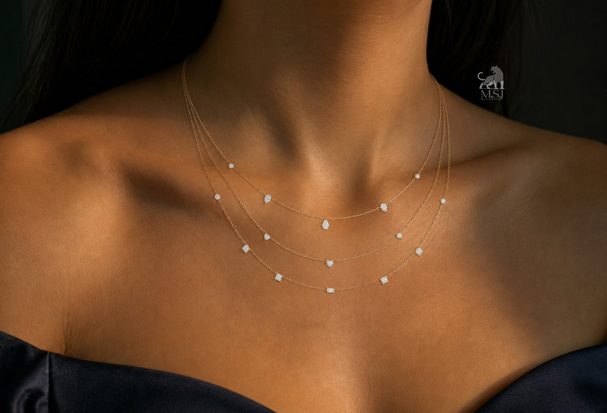 The Aurelia Four-Layer Diamond Necklace worn around the neck