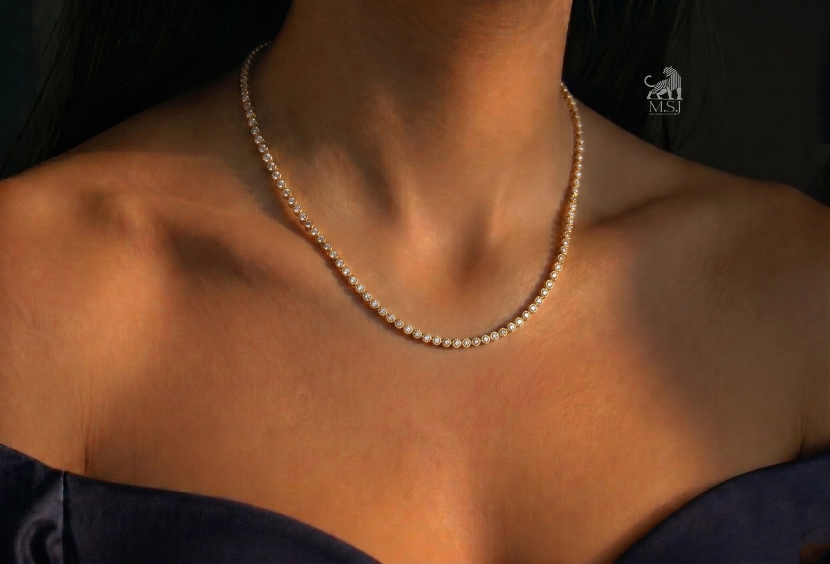 The Étoile Round Diamond Tennis Necklace worn around the neck