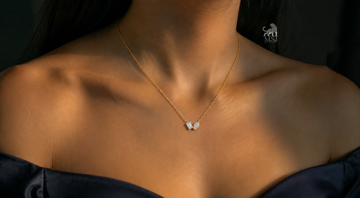 The Vela Duo-Cut Diamond Necklace worn around the neck