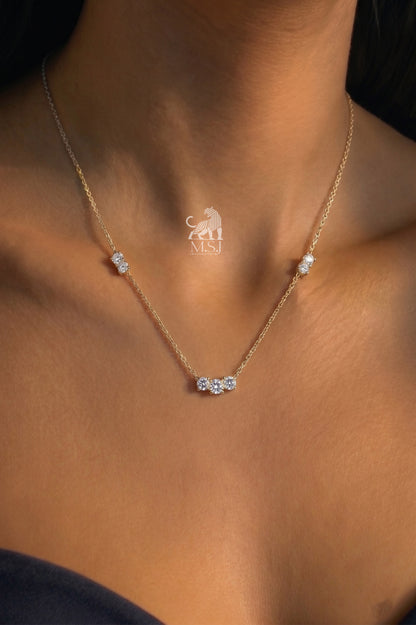 The Amara Diamond Trio Necklace worn around the neck