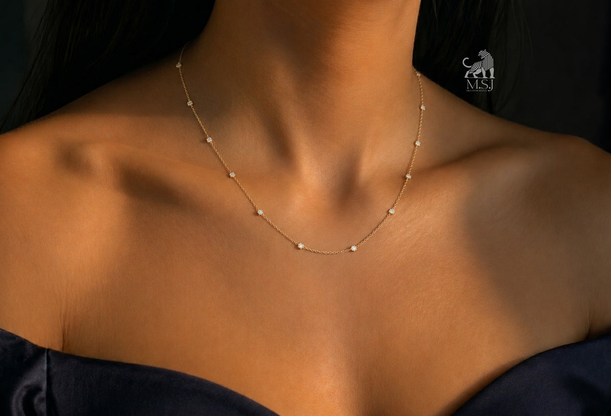 The Aurelle Diamond Station Necklace worn around the neck