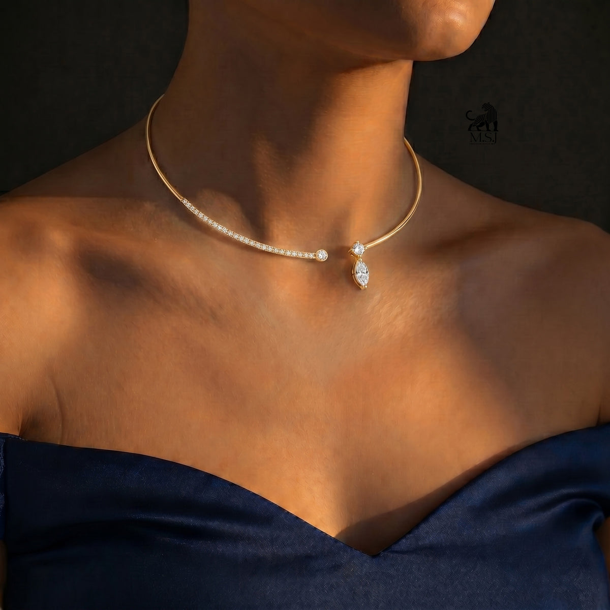 The Aurelia Asymmetric Diamond Open Necklace worn around the neck
