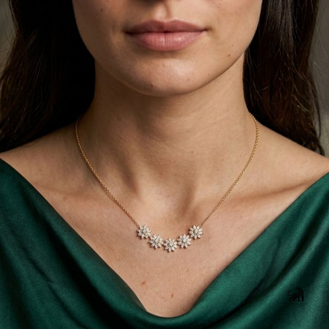 Celestine Five-Bloom Diamond Necklace worn around the neck
