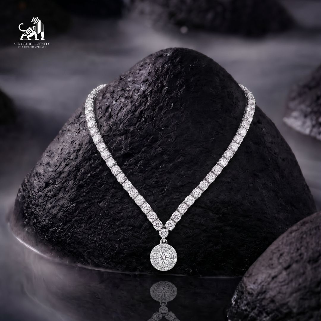 Solenne Diamond Halo Drop Necklace in white gold