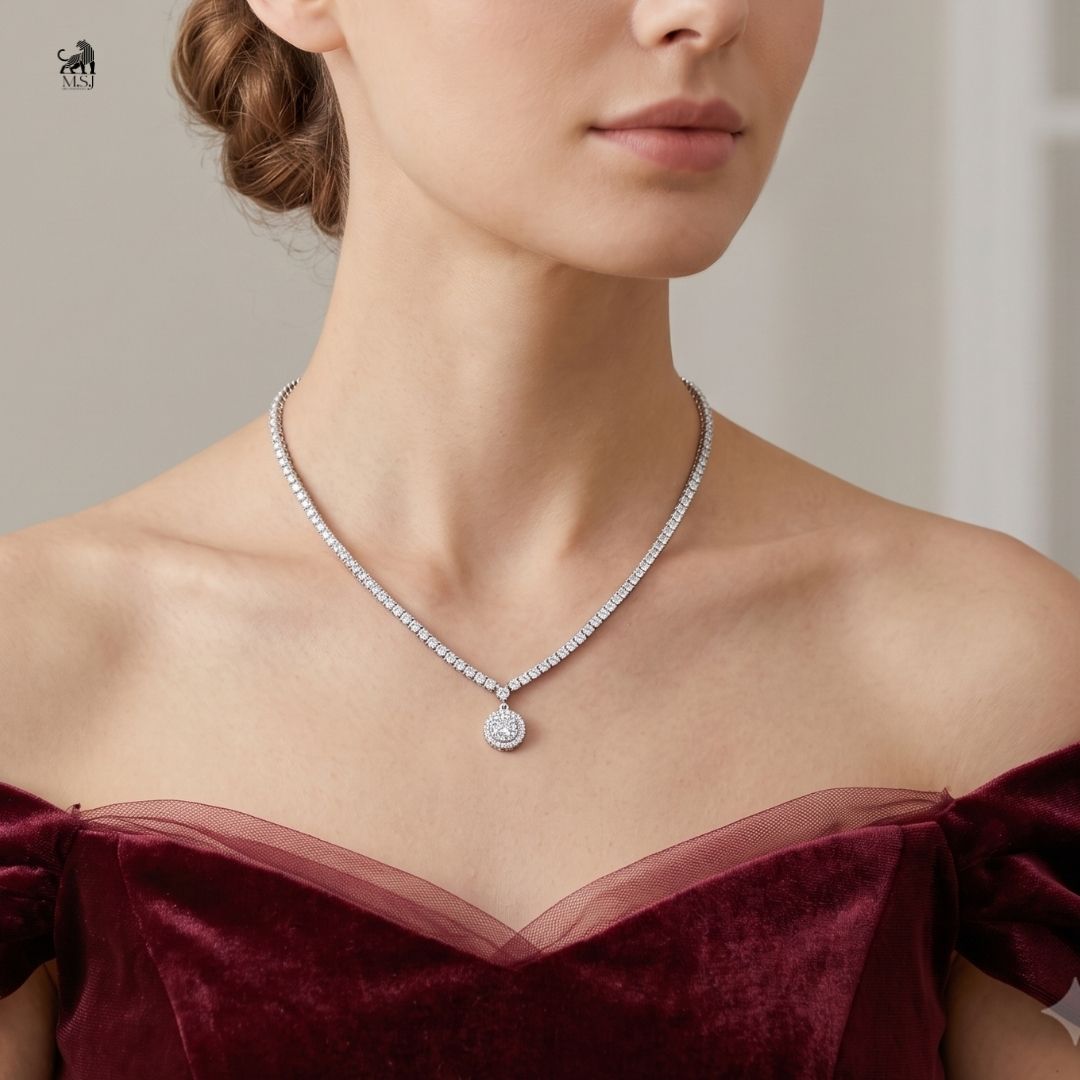 Solenne Diamond Halo Drop Necklace worn around the neck