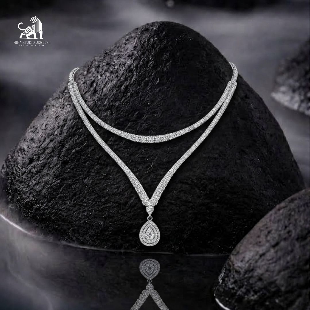 Lumière Double-Line Pear Drop Necklace - lab-grown diamond necklace, styled product photo