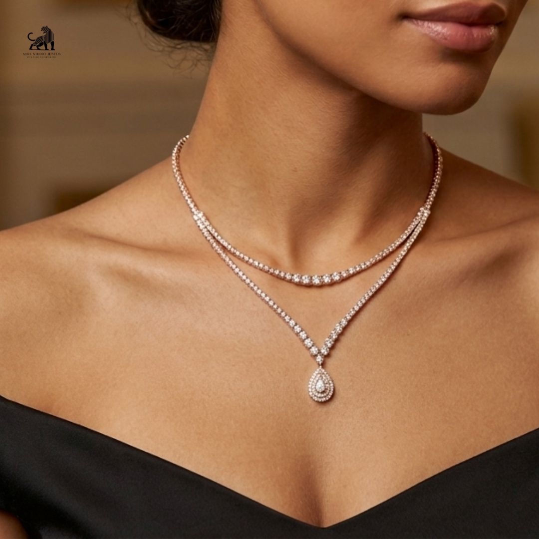 Lumière Double-Line Pear Drop Necklace worn around the neck