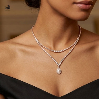 Lumière Double-Line Pear Drop Necklace worn around the neck