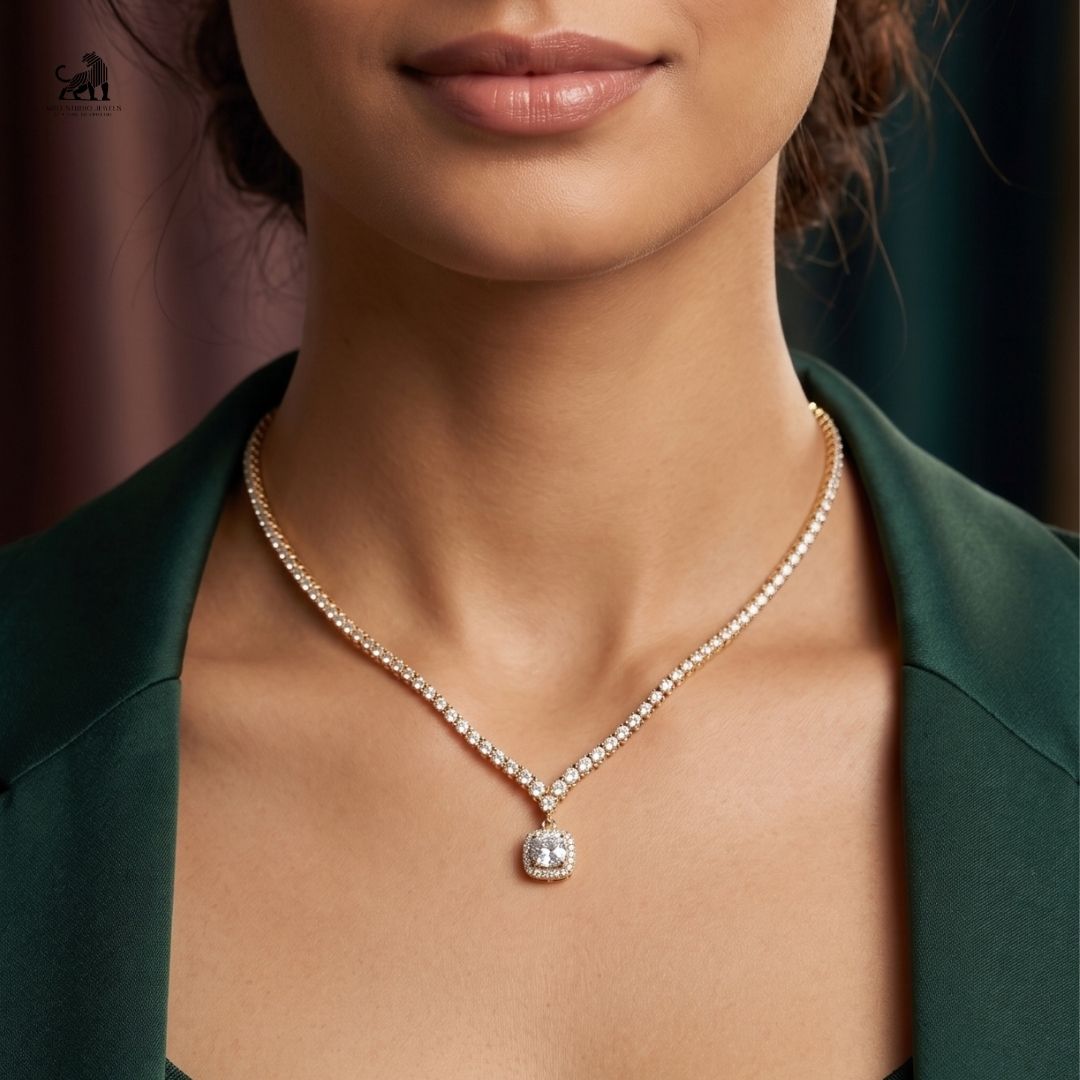 Éclat Cushion Halo Diamond Necklace worn around the neck