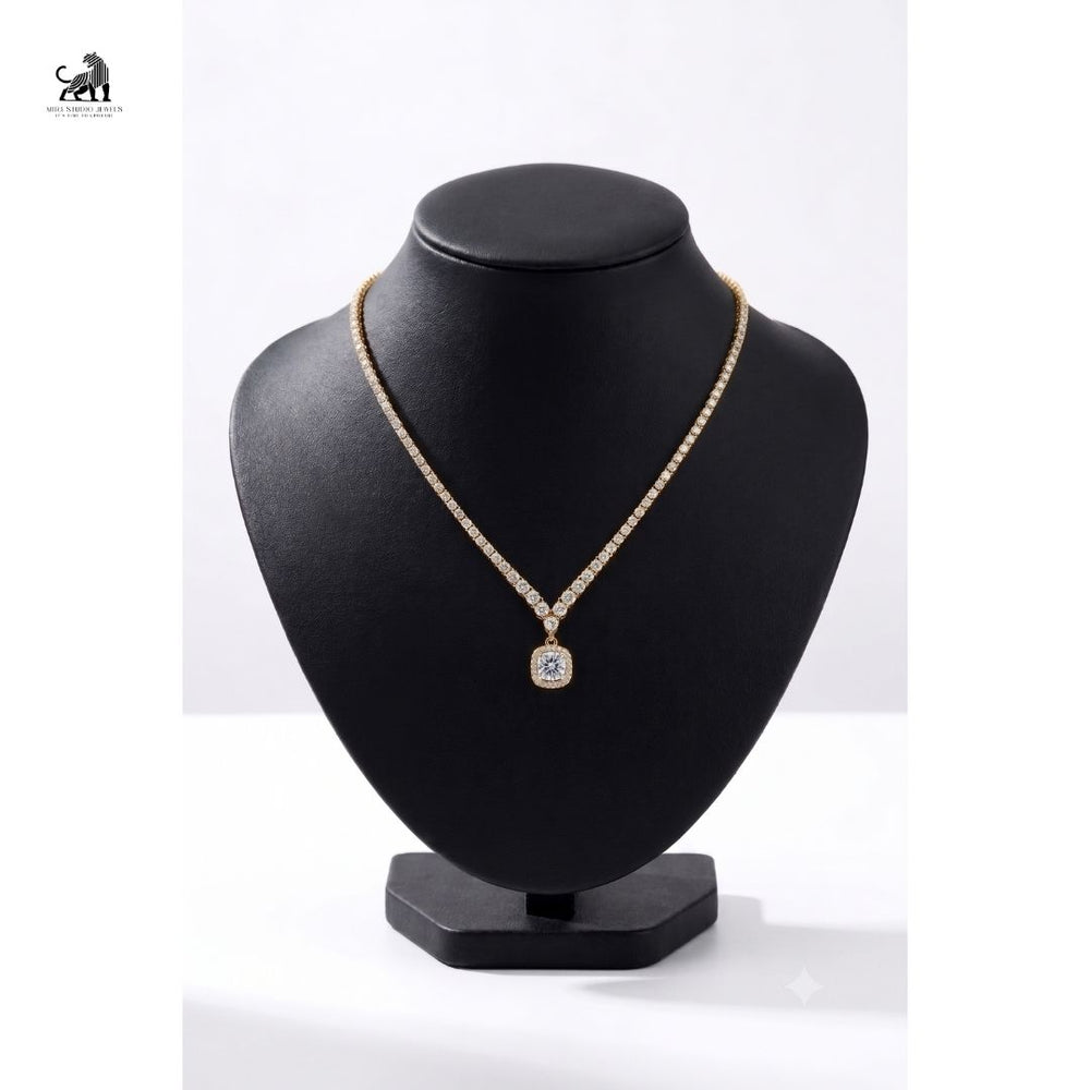 Éclat Cushion Halo Diamond Necklace - lab-grown diamond necklace, styled product photo