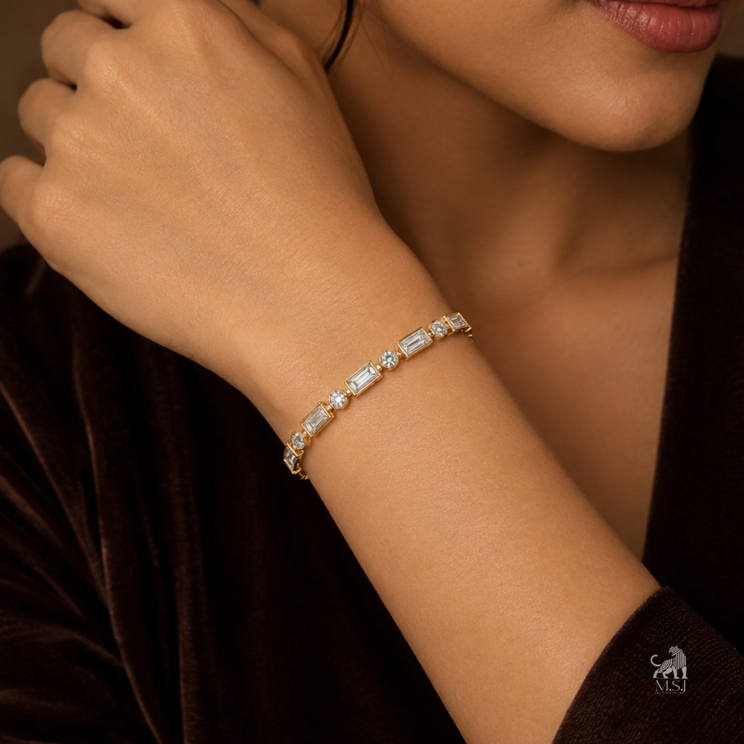 Celestine Baguette & Round Diamond Tennis Bracelet worn on a wrist