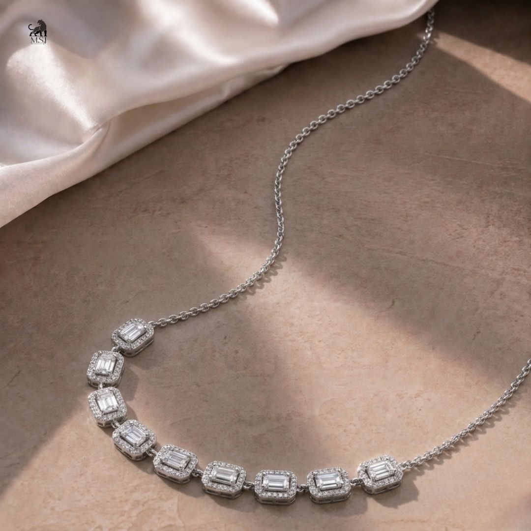 Aurelia Baguette Halo Diamond Necklace - lab-grown diamond necklace, styled product photo