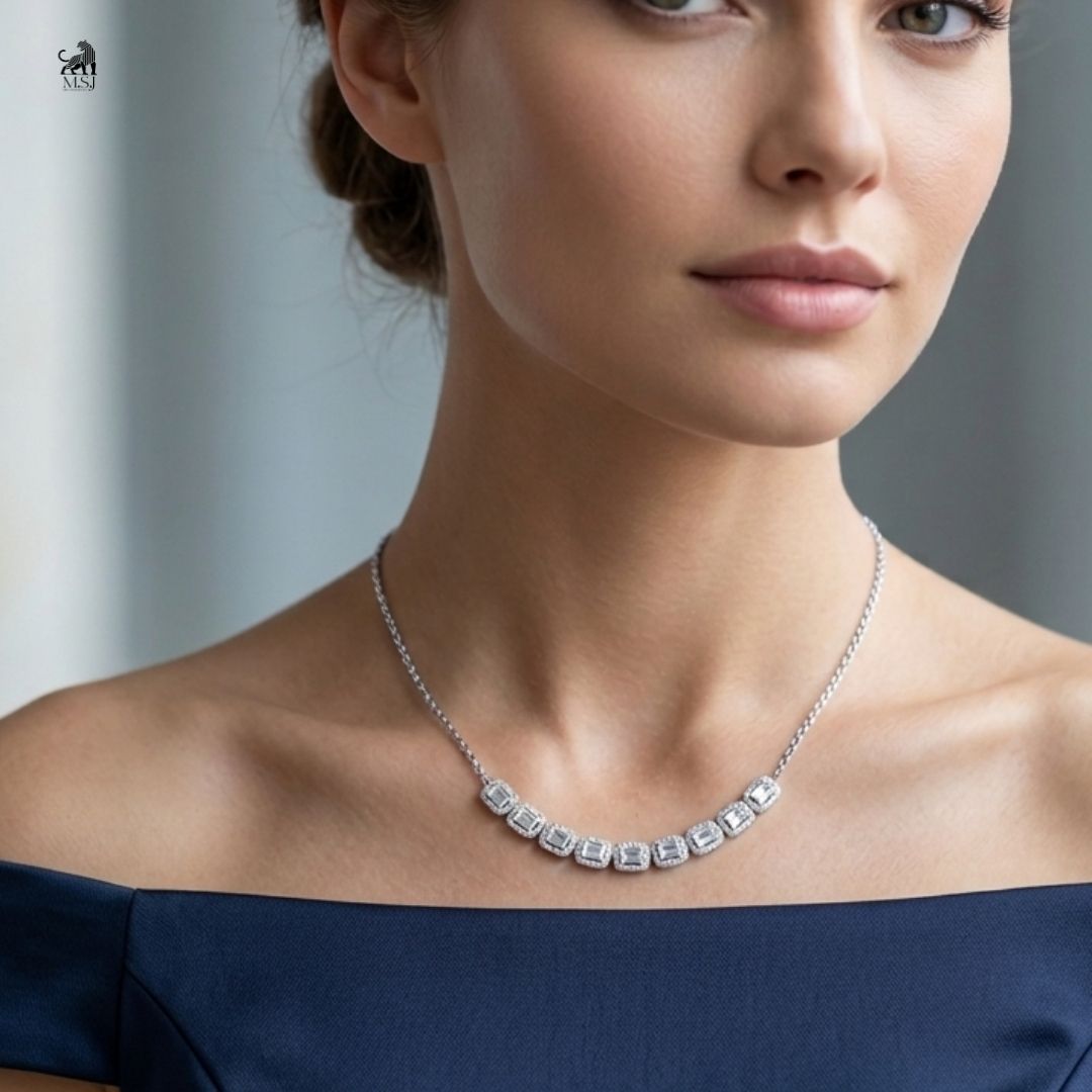 Aurelia Baguette Halo Diamond Necklace worn around the neck