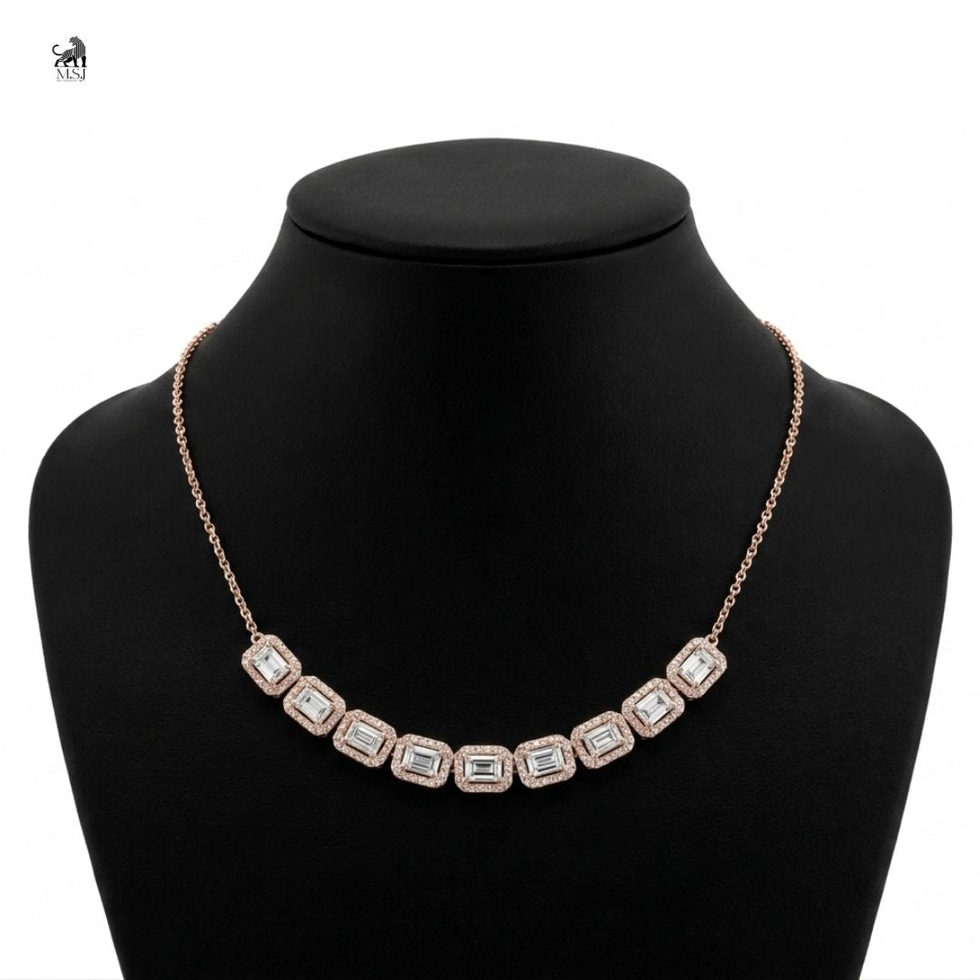 Aurelia Baguette Halo Diamond Necklace in rose gold