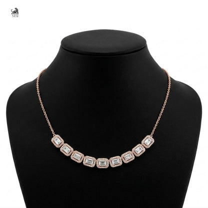 Aurelia Baguette Halo Diamond Necklace in rose gold