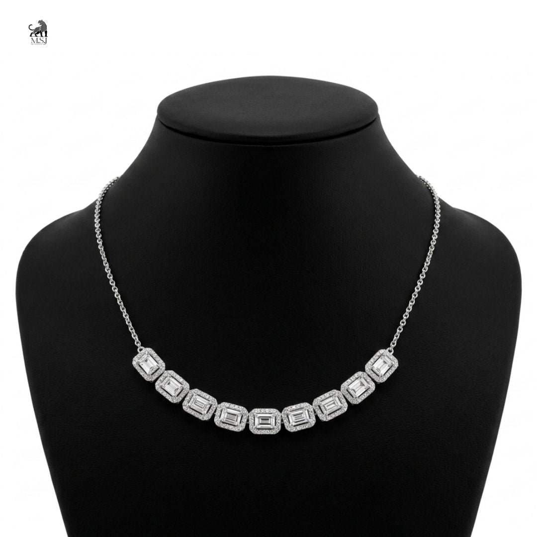 Aurelia Baguette Halo Diamond Necklace in white gold