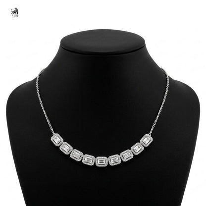 Aurelia Baguette Halo Diamond Necklace in white gold