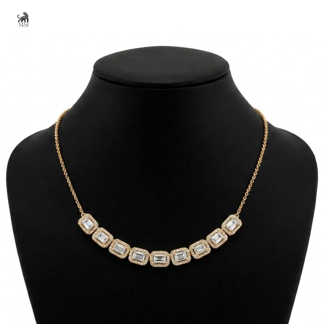 Aurelia Baguette Halo Diamond Necklace in yellow gold