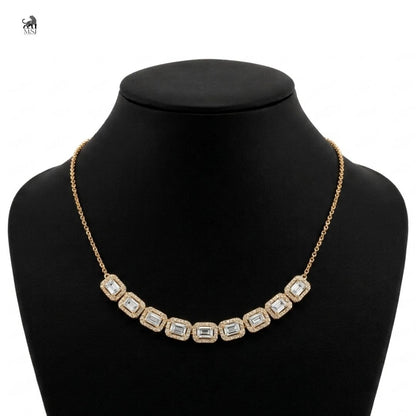 Aurelia Baguette Halo Diamond Necklace in yellow gold