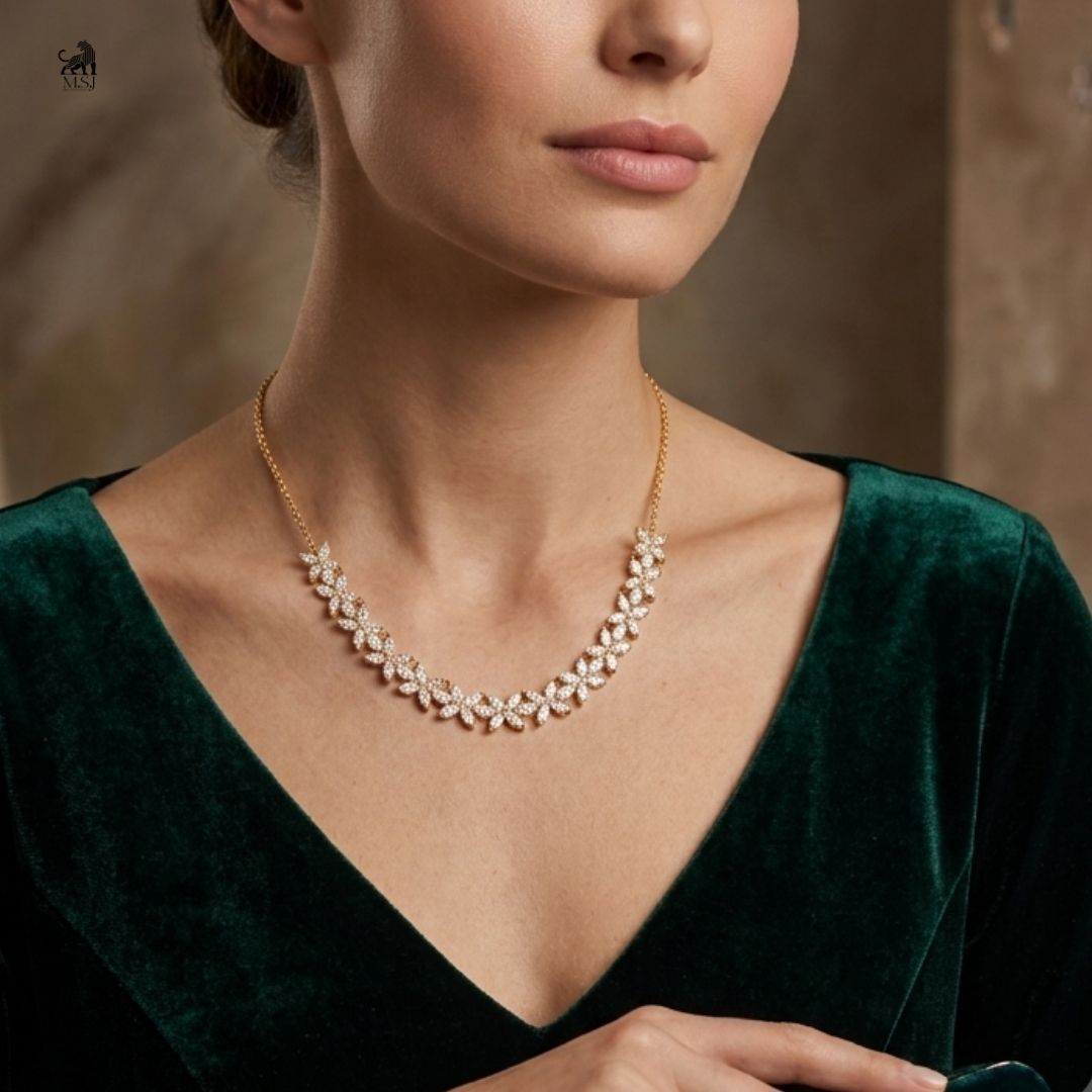 Celestine Marquise Vine Diamond Necklace worn around the neck