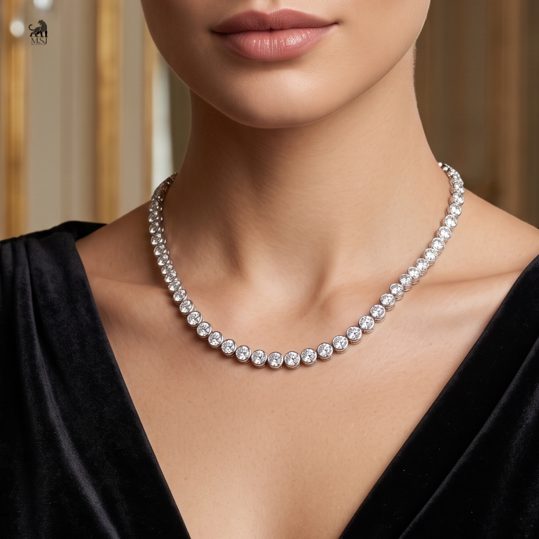 Radiant Graduated Diamond Necklace worn around the neck