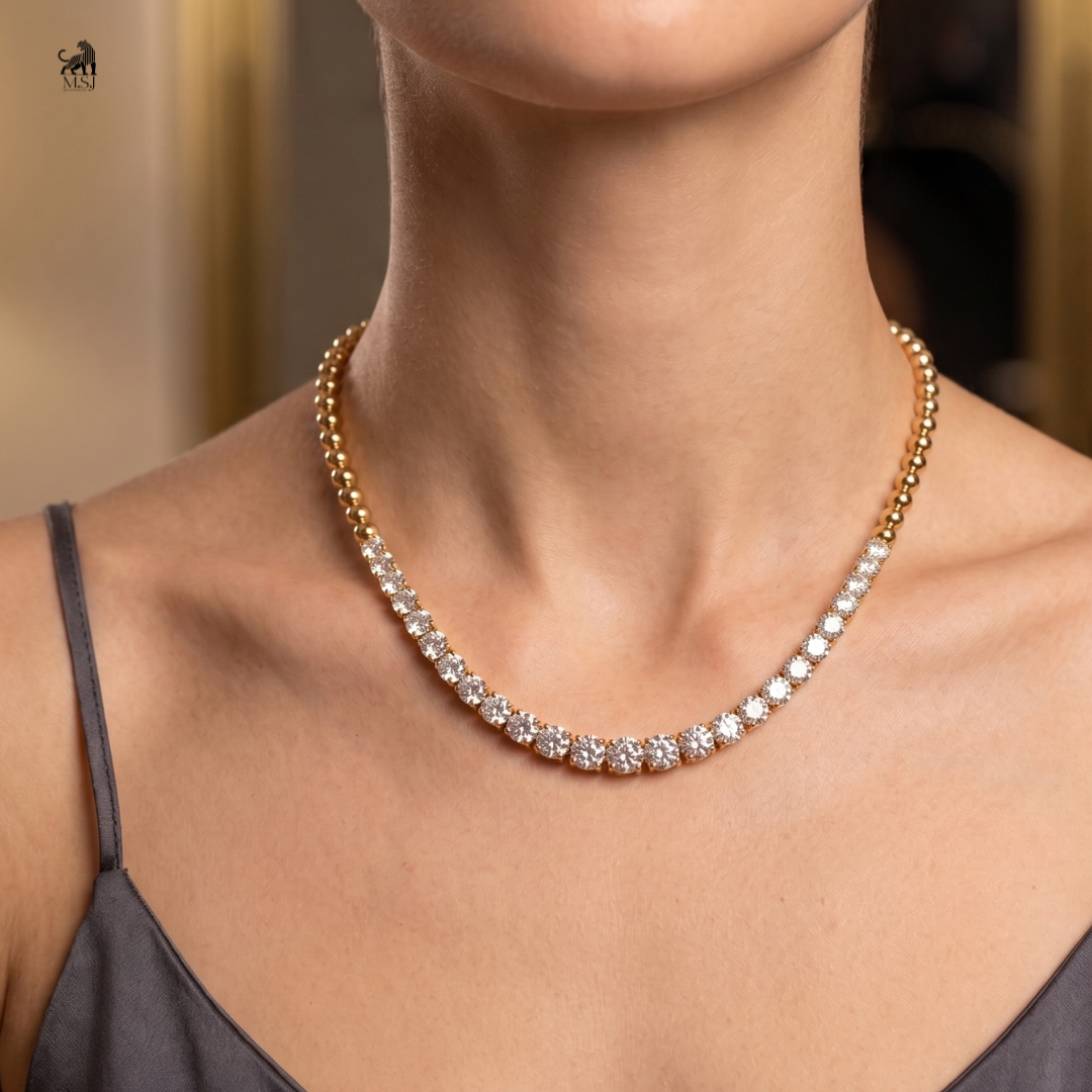 Pearl Link Diamond Necklace worn around the neck