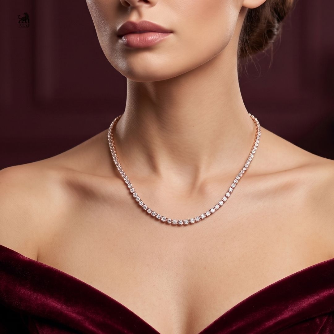 Eterna Round Diamond Tennis Necklace worn around the neck