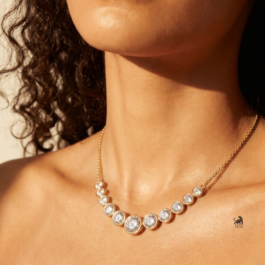 Celeste Graduated Bezel Diamond Necklace worn around the neck