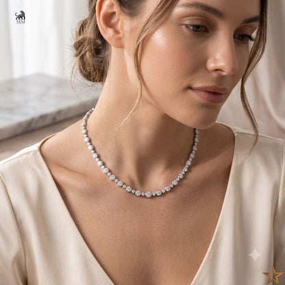 Luminara Graduated Halo Diamond Necklace worn around the neck