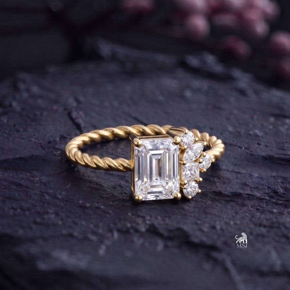 Twisted Band Emerald Halo Ring