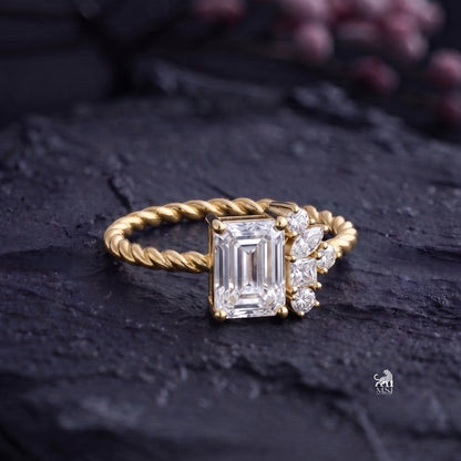 Twisted Band Emerald Halo Ring